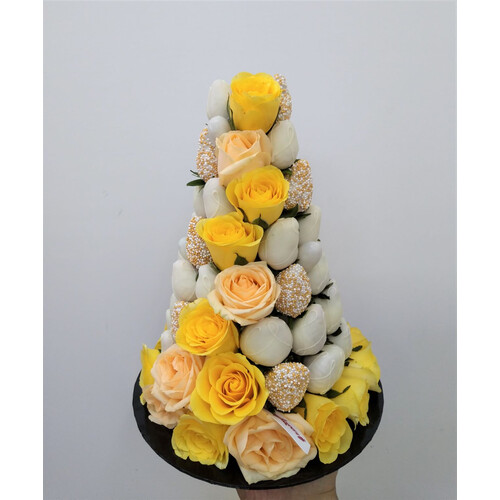 30cm White with Yellow Rose Strawberry Tower (Medium)